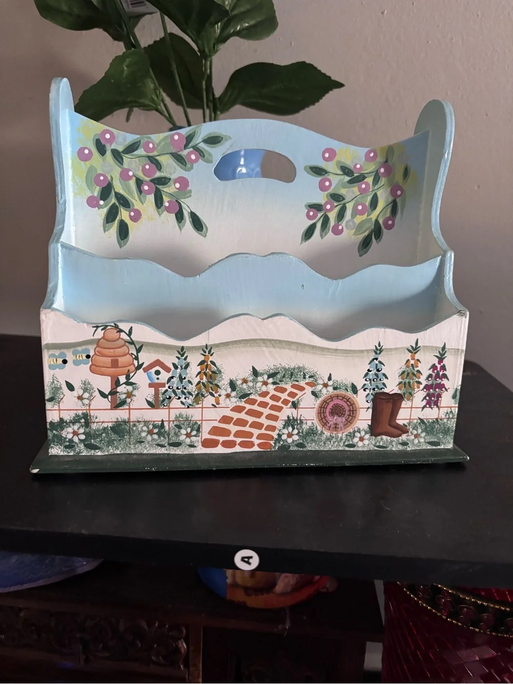 Hand-Painted Floral Blue and White Wooden Caddy
